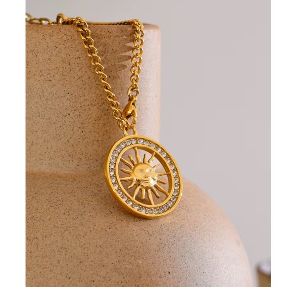 Sun Medallion Pendant Necklace Stainless Steel Gold Plated with Cubic Zirconia - Picture 7 of 10